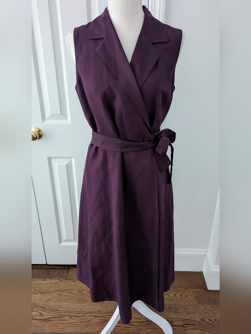 Kate Hill silk and linen wrap dress, size 8P, eggplant color